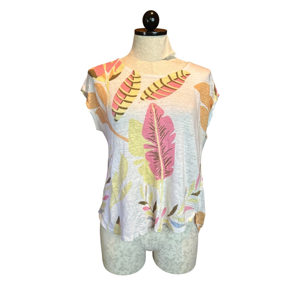 Cynthia Rowley 100% Linen Tropical Leaf Print Cap Sleeve Top Blouse Sz L